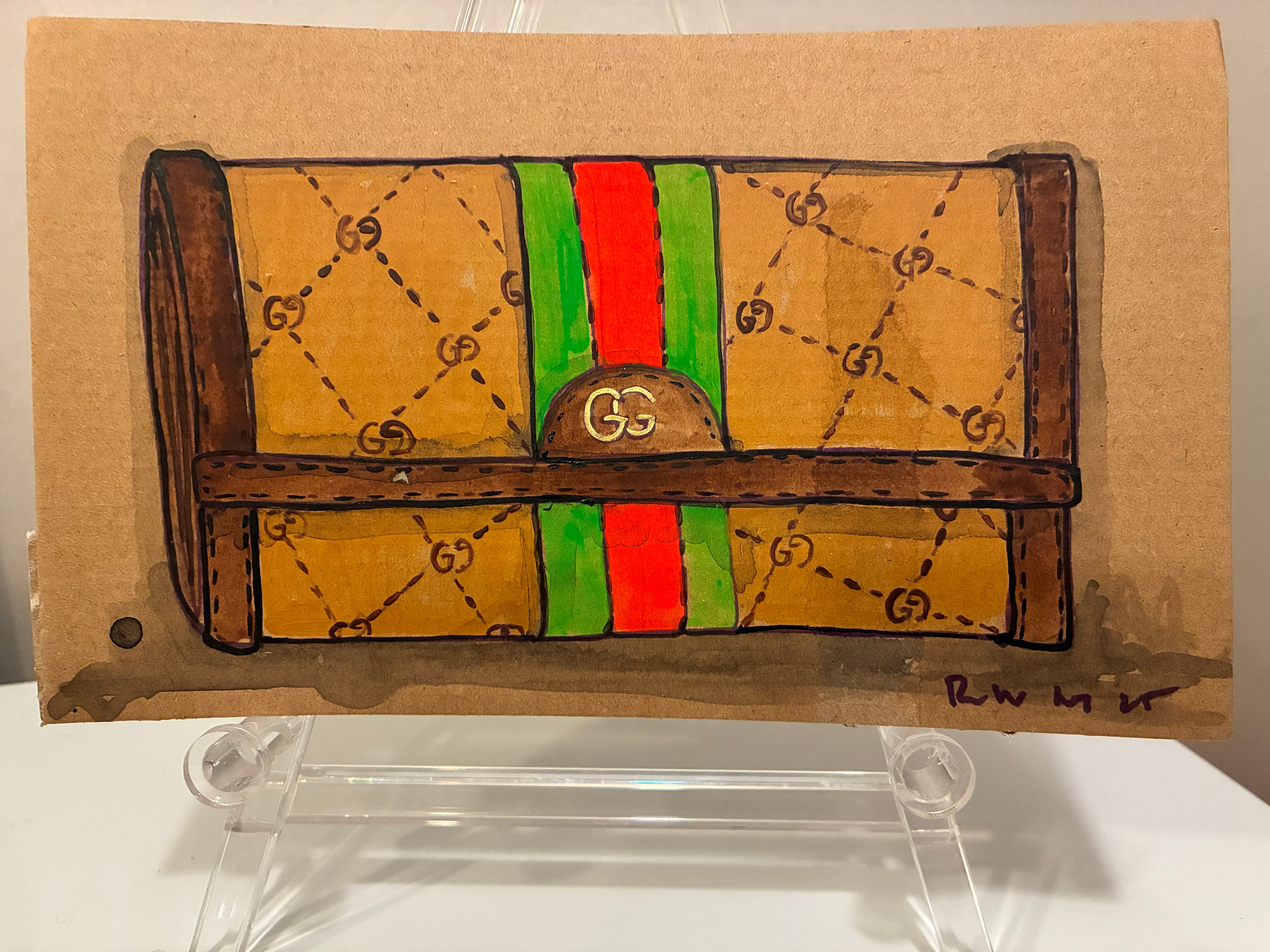 A hand-drawn illustration by Brooklyn artist Rachel Nelson for Thyne Goods depicts the "Guch" clutch, featuring a brown GG pattern and green-red stripe, displayed on a clear stand against a neutral background.