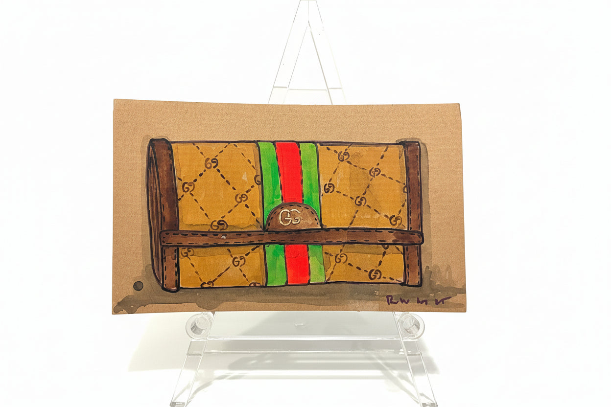 Rachel Nelson • Guch by Thyne Goods: Brooklyn artist’s drawing of a brown designer clutch with green-red stripe and “GG” logos on a clear easel. Bold neon flower style pops against a white background.