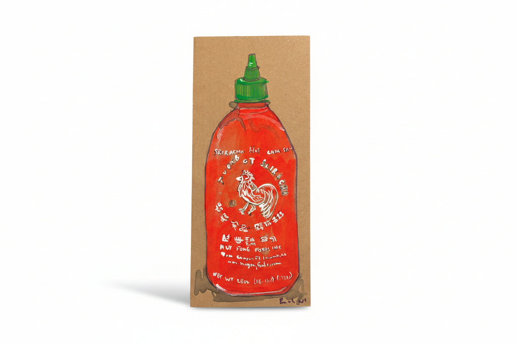 A painted illustration of the iconic rooster Sriracha bottle with green cap and white lettering, on brown cardboard, in classic Rachel Nelson style. Product: "Rachel Nelson • Rooster Sauce" by Thyne Goods.