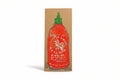 A painted illustration of the iconic rooster Sriracha bottle with green cap and white lettering, on brown cardboard, in classic Rachel Nelson style. Product: "Rachel Nelson • Rooster Sauce" by Thyne Goods.