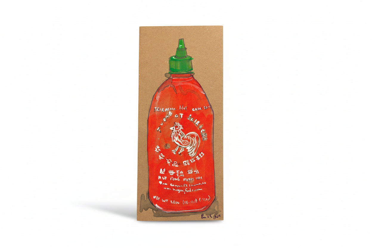 A painted illustration of the iconic rooster Sriracha bottle with green cap and white lettering, on brown cardboard, in classic Rachel Nelson style. Product: "Rachel Nelson • Rooster Sauce" by Thyne Goods.