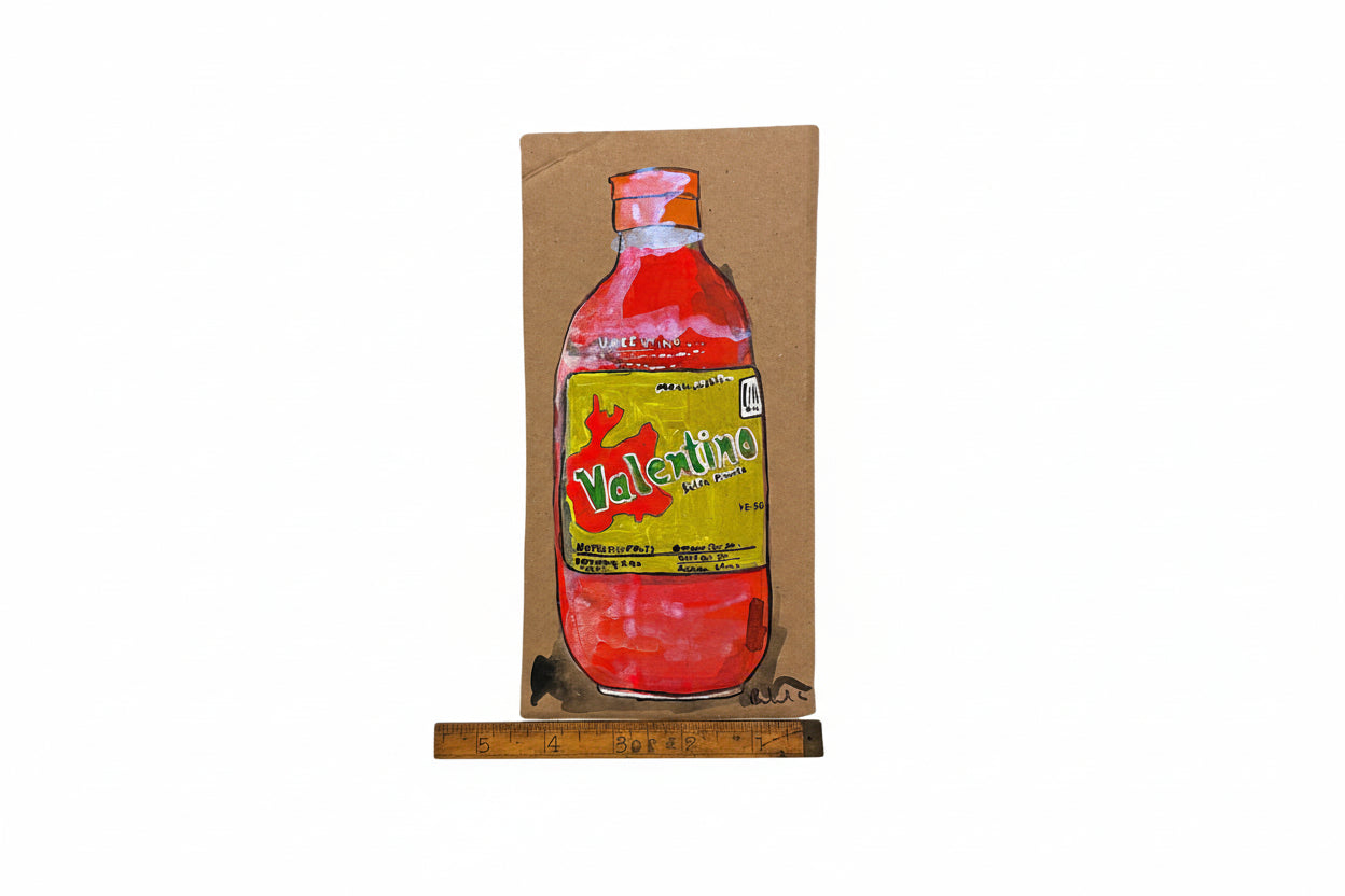 A hand-painted illustration from Thyne Goods titled "Rachel Nelson • Valentino" features a Valentina hot sauce bottle on brown paper with a Barajas wooden ruler, in found cardboard style against a plain white background.