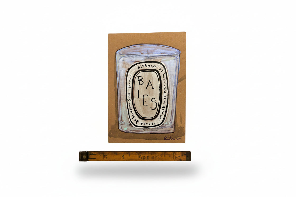 A drawing of the Rachel Nelson • Baies Paris candle by Thyne Goods, on brown paper reminiscent of found cardboard art, is shown upright with a wooden ruler beneath it against a white background.