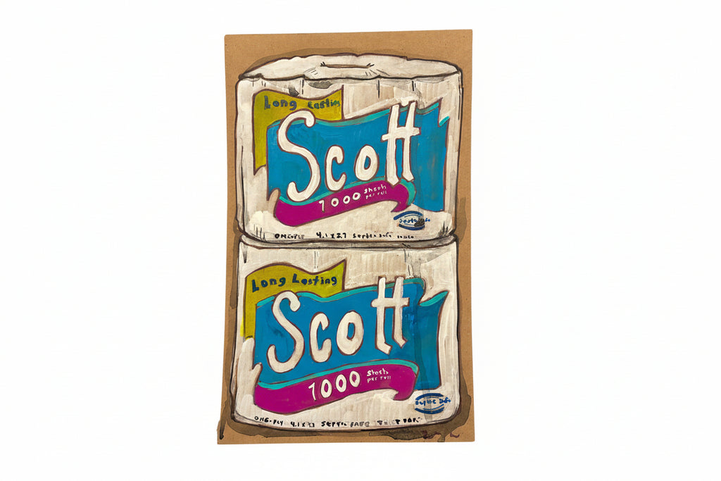 Rachel Nelson • Two Scotts by Thyne Goods features two Scott 1000 toilet paper rolls with vibrant blue, pink, and yellow packaging, stacked on a plain brown background that evokes found cardboard art and celebrates everyday objects.