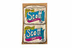 Rachel Nelson • Two Scotts by Thyne Goods features two Scott 1000 toilet paper rolls with vibrant blue, pink, and yellow packaging, stacked on a plain brown background that evokes found cardboard art and celebrates everyday objects.