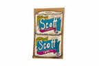Rachel Nelson’s “Two Scotts” by Thyne Goods features a hand-painted illustration of two Scott 1000 rolls with bold blue and pink labels on brown paper, resembling found cardboard art.