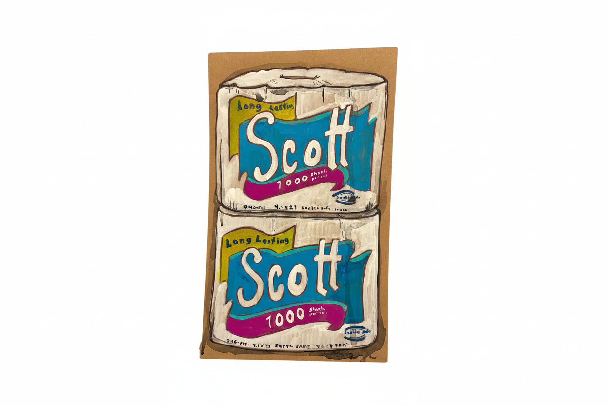Rachel Nelson’s “Two Scotts” by Thyne Goods features a hand-painted illustration of two Scott 1000 rolls with bold blue and pink labels on brown paper, resembling found cardboard art.