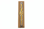 A hand-drawn gold and silver wristwatch with a round face and rectangular links, depicted on brown paper. Inspired by Rachel Nelson art. Product: Rachel Nelson • Watch by Thyne Goods.