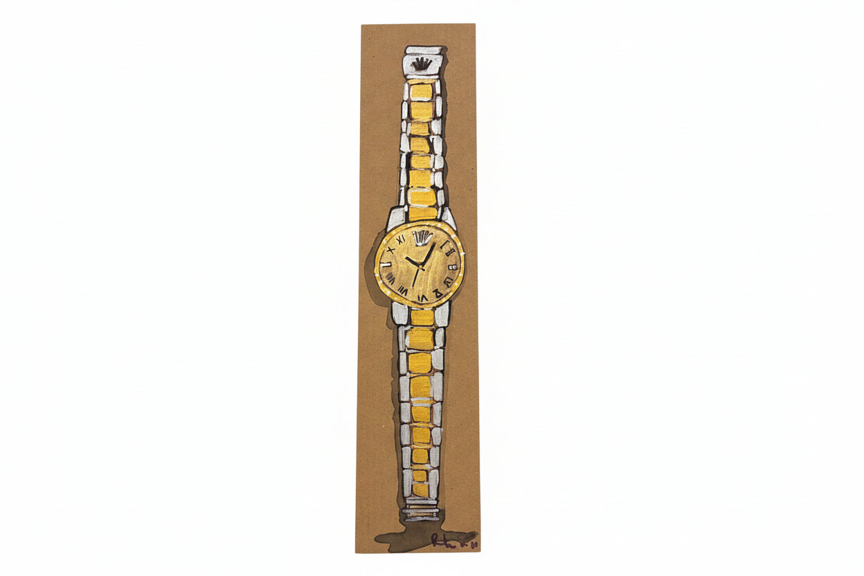 A hand-drawn gold and silver wristwatch with a round face and rectangular links, depicted on brown paper. Inspired by Rachel Nelson art. Product: Rachel Nelson • Watch by Thyne Goods.