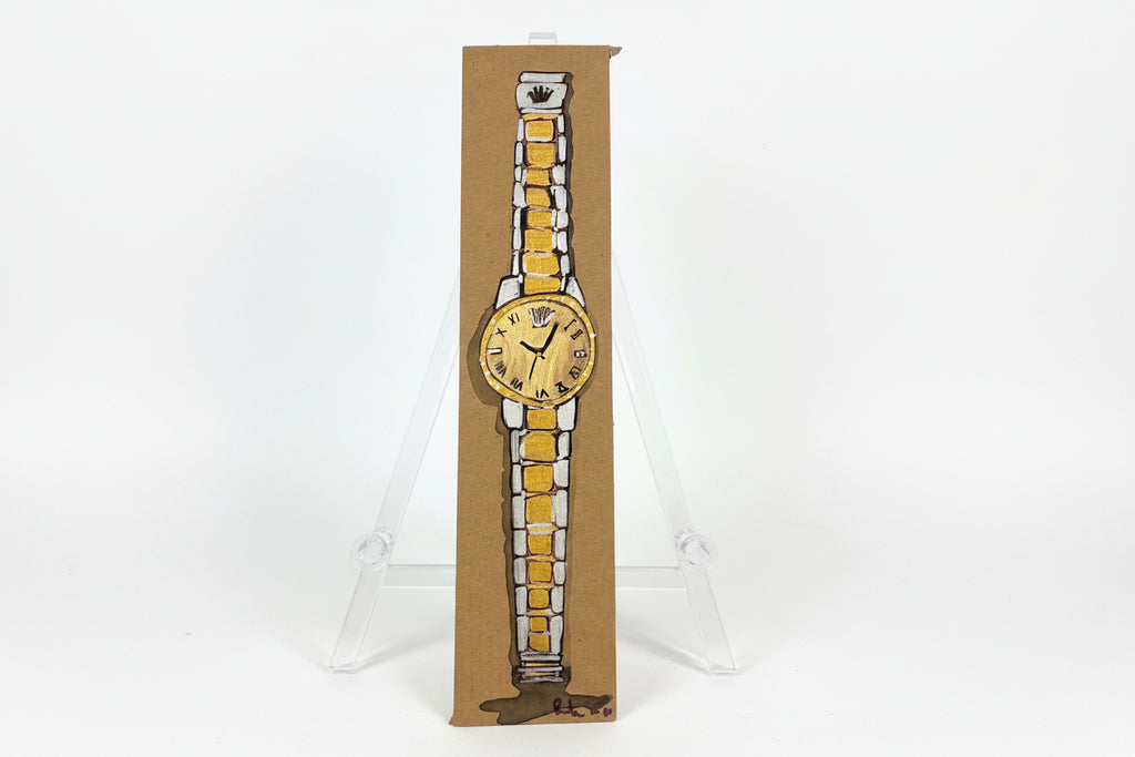 A hand-drawn illustration titled "Rachel Nelson • Watch" by Thyne Goods features a gold and silver wristwatch on brown paper, set upright on a clear easel against a white background, reflecting Rachel Nelson's refined style.