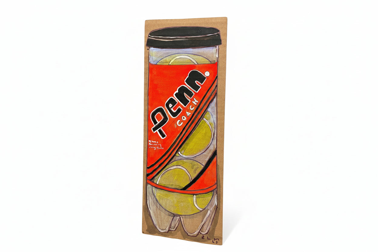 A hand-drawn illustration in Rachel Nelson’s style depicts the Thyne Goods Penn can: a red-labeled cylinder with three yellow tennis balls inside, set against a plain white background.