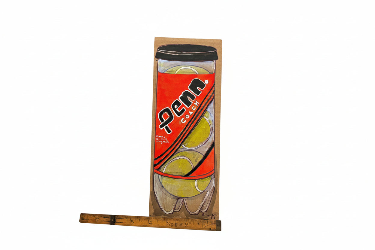 Rachel Nelson • Penn by Thyne Goods shows a vertical painting of a red-labeled Penn tennis ball can with three yellow balls, echoing Rachel Nelson’s style. A wooden ruler lies horizontally at the base for scale.