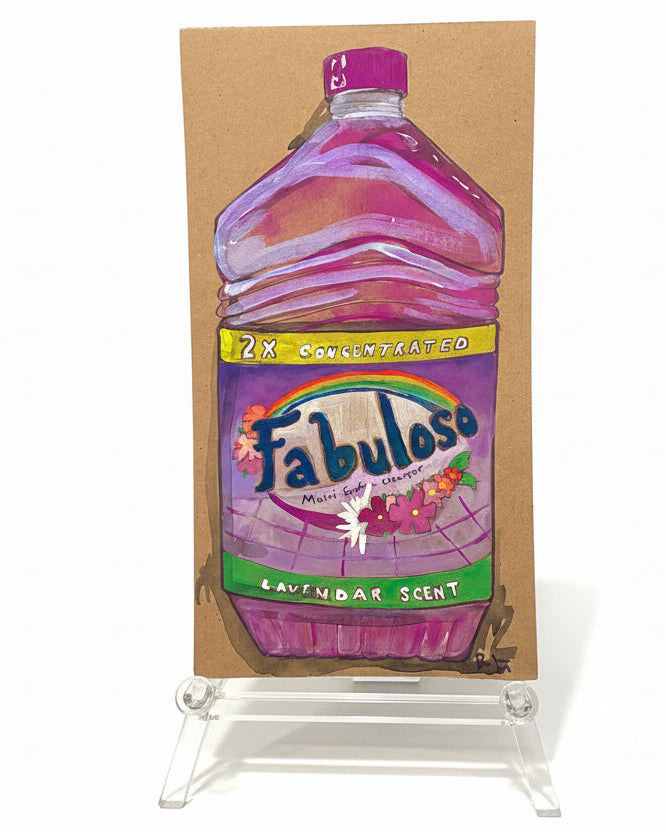 A colorful illustration by Brooklyn artist Rachel Nelson, titled "Rachel Nelson • Fab" from Thyne Goods, shows a large purple bottle of 2X Concentrated Fabuloso lavender cleaner on a small clear stand.