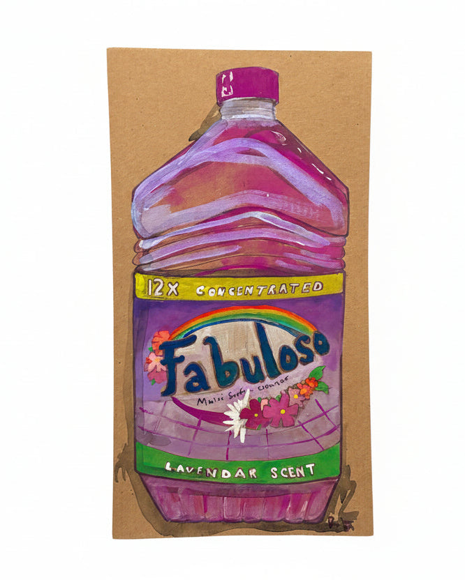 A hand-painted illustration inspired by neon flower art features a large, purple bottle labeled “Rachel Nelson • Fab” from Thyne Goods, with 12X Concentrated and lavender scent and floral designs on the label.