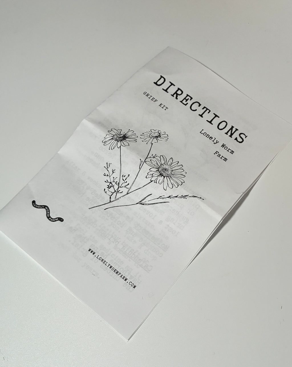 A folded paper titled DIRECTIONS with a delicate wildflower drawing, the words “Grief Kit,” “Lonely Work,” and “Pause,” along with a small snake illustration, evokes the thoughtful essence of the Grief Kit from Lonely Worm Farm—a heartfelt remembrance gift. The website www.lonelytower.com appears at the bottom, connecting back to Lonely Worm Farm’s brand.
