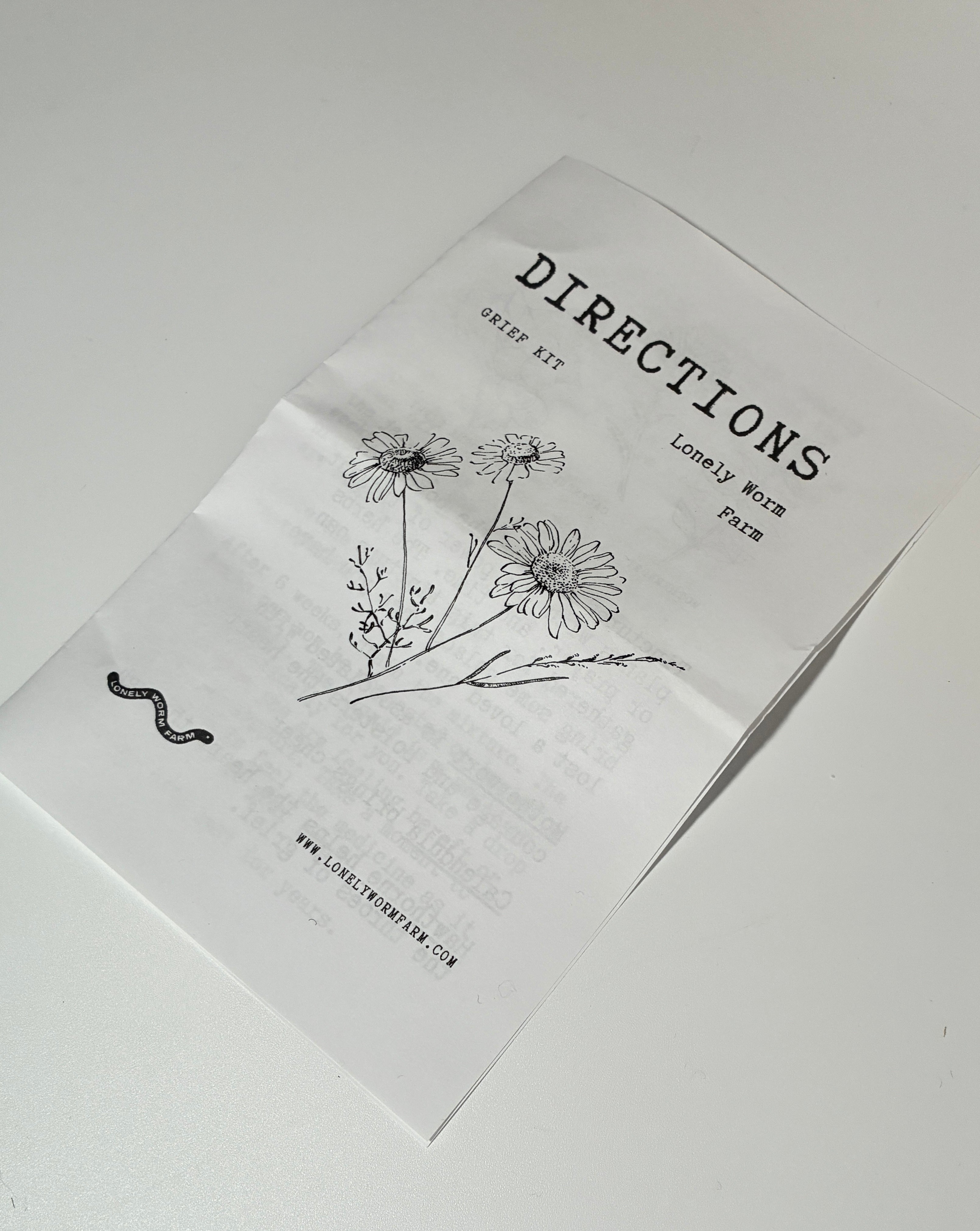 A folded paper titled DIRECTIONS with a delicate wildflower drawing, the words “Grief Kit,” “Lonely Work,” and “Pause,” along with a small snake illustration, evokes the thoughtful essence of the Grief Kit from Lonely Worm Farm—a heartfelt remembrance gift. The website www.lonelytower.com appears at the bottom, connecting back to Lonely Worm Farm’s brand.