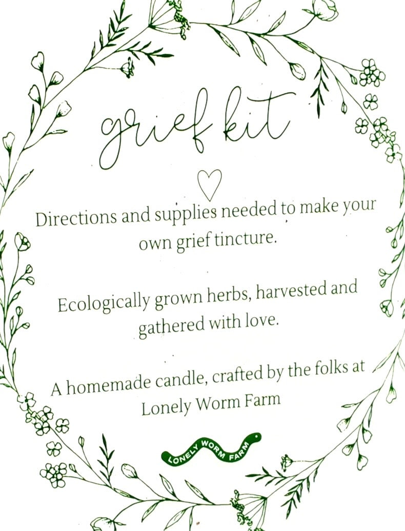 A delicate floral wreath frames the description of the Grief Kit from Lonely Worm Farm, which includes instructions, ecologically grown herbs, and a handmade candle—all thoughtfully crafted to create a soothing tincture for navigating grief.