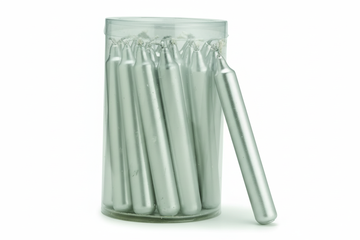 The SPIRIT LIGHT CANDLES: BALANCE (SILVER) by Benjamin International come in a clear container holding several silver cylindrical ritual candles, one leaning against the container. The candles feature rounded tops and pointed ends.