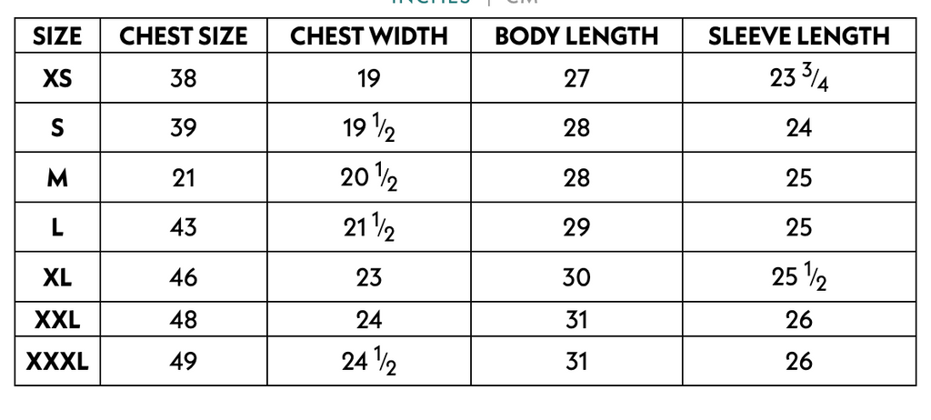Size chart for shirts with measurements in inches