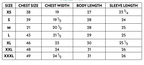 Size chart for shirts with measurements in inches
