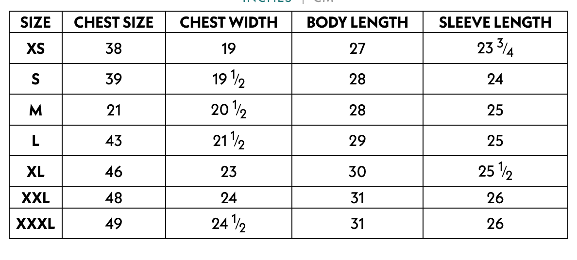 Size chart for shirts with measurements in inches
