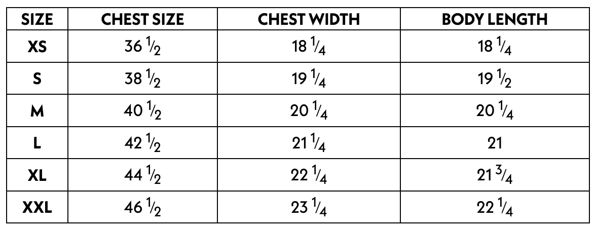 A size chart for Thyne Goods’ Basic Cami Tank, showing sizes XS–XXL with chest size, chest width, and body length in inches—perfect for finding your best fit in this cami or other 100% hemp styles.