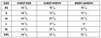 A sizing chart for the black Thyne Goods Fine Mesh Tee, made with hemp organic cotton. Sizes XS–XXL; chest size from 36½" to 46½", body length from 18¼" to 22¼". Columns: size, chest size, chest width, and body length.
