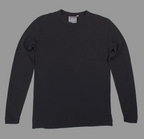 The Baja Long Sleeve Tee by Thyne Goods is a plain black top made from soft hemp cotton, featuring a small left chest pocket and displayed flat on a white background.