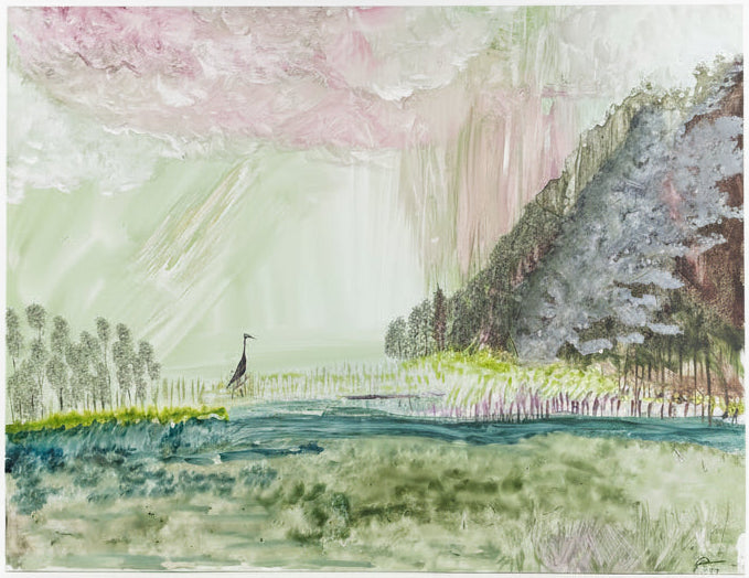 Ether," an original landscape painting by Thyne Goods, depicts trees, grass, and a blue river under pink clouds. Displayed on a white surface, it's paired with a small glass vase of dried flowers on the right.