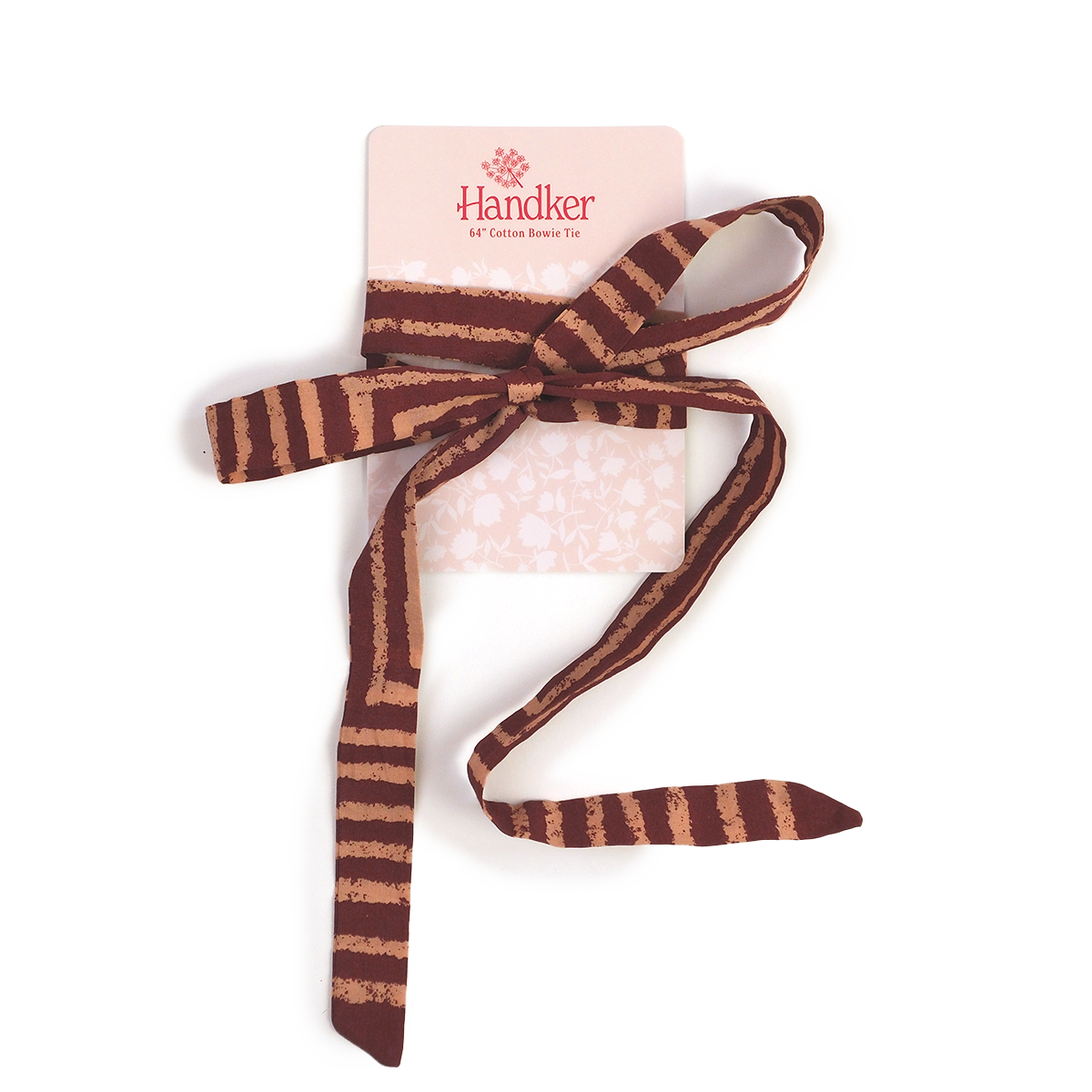 A brown Sammie Pink Bowie Tie with horizontal light-colored stripes, tied in a bow style around a Handker Bandanas product card.