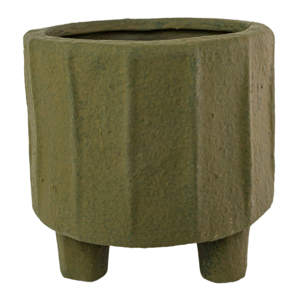 The Foreside Home & Garden Matte Green Ceramic Pot Small features a round, fluted design with three short legs and a wide opening, adding artisanal charm to any space.