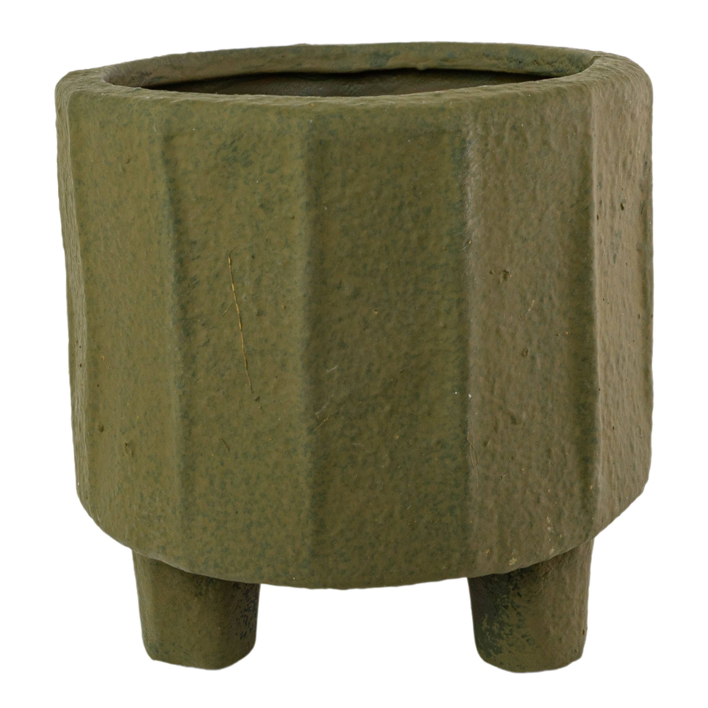 The Foreside Home & Garden Matte Green Ceramic Pot Small features a round, fluted design with three short legs and a wide opening, adding artisanal charm to any space.