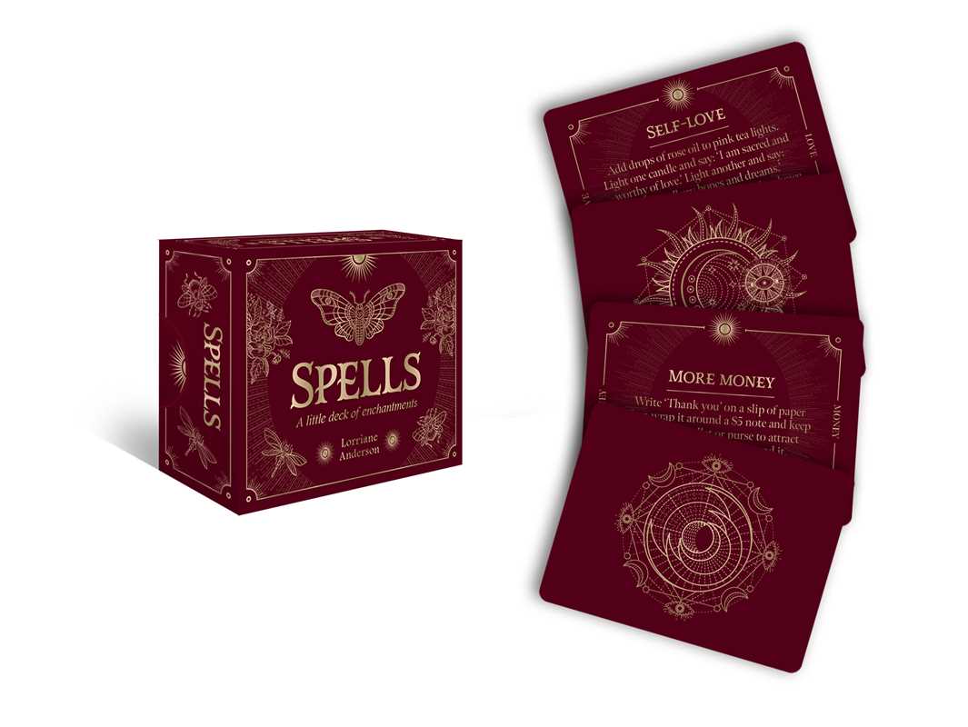 A burgundy deck box titled *Spells: A Little Deck of Enchantments* by Lorriane Anderson from Simon & Schuster is shown, along with three matching flashcards featuring intricate gold designs and spells such as Self-Love and More Money—perfect for anyone seeking witchy inspiration or interested in spellcraft.