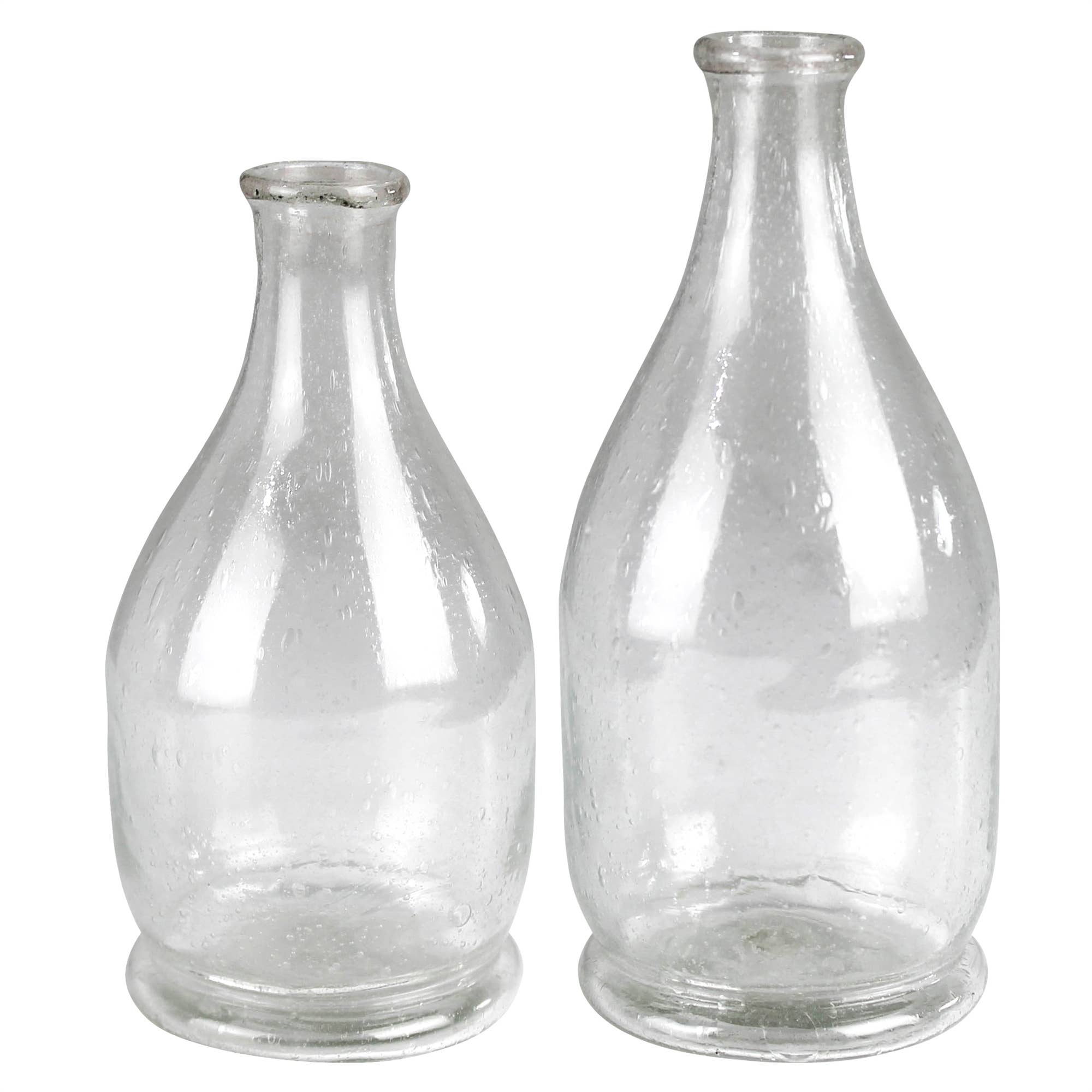 The Peppered Glass Bottles, Set of 2 by HomArt feature wide bases, narrow necks, and unique textured details with bubbles—ideal as recycled glass decor or distinctive accents for any space.