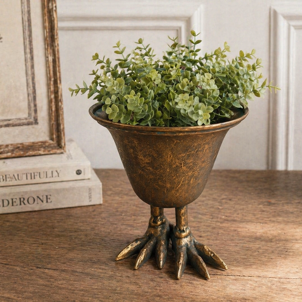 A leafy green plant in the Metal Bird Claw Pedestal Planter by Vagabond Vintage sits on a wooden table near stacked books and a framed picture.