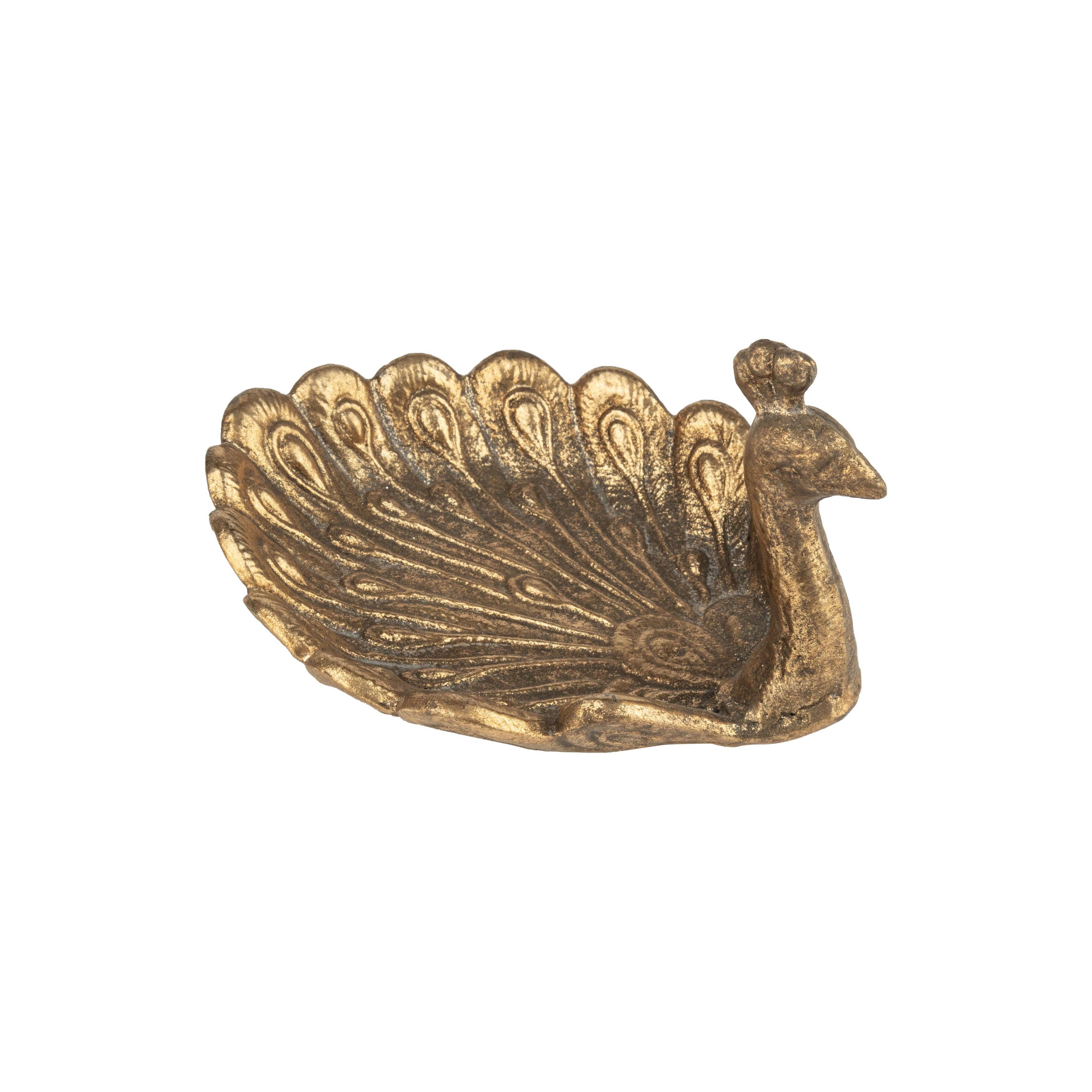 The Silver Tree Home & Holiday A00542 cast peacock trinket tray features a detailed, antique gold finish and measures 6.75 inches, offering decorative appeal with intricate feather patterns against a white background.