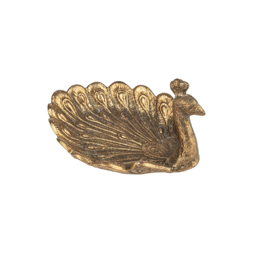The Silver Tree Home & Holiday A00542 cast peacock trinket tray features a detailed, antique gold finish and measures 6.75 inches, offering decorative appeal with intricate feather patterns against a white background.