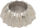 The Silver Tree Home & Holiday GE00208 cast aluminum tea light holder features a silver finish, 3-inch size, fluted design, rough texture, and a wide circular opening at the top.