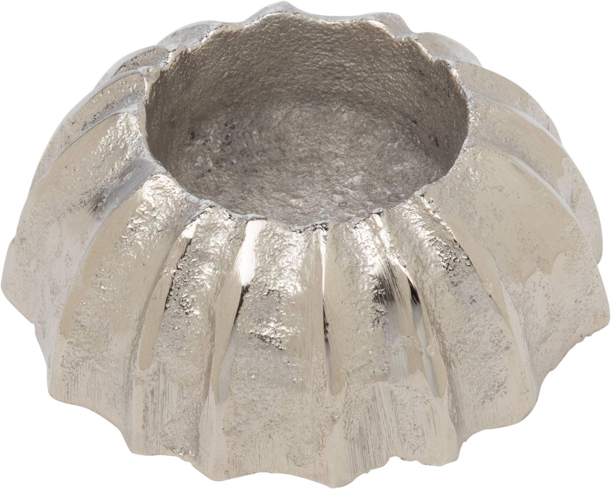 The Silver Tree Home & Holiday GE00208 cast aluminum tea light holder features a silver finish, 3-inch size, fluted design, rough texture, and a wide circular opening at the top.