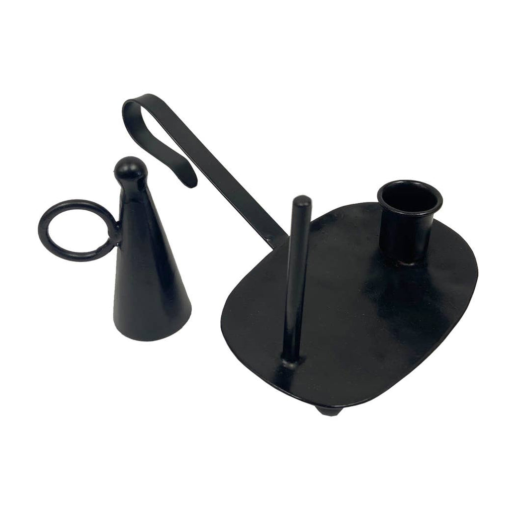 The Madison Bay Co. Iron Chamberstick with Snuffer features an Early American style, black iron finish, handle, upright peg, and separate cone snuffer with ring handle—perfect as rustic historical home decor. Displayed on a white background.