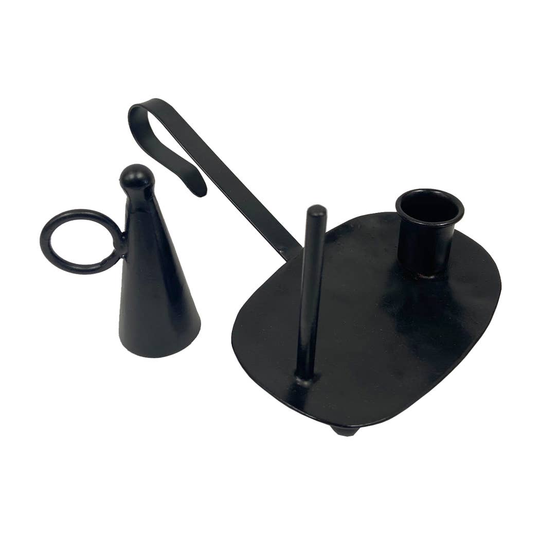 The Madison Bay Co. Iron Chamberstick with Snuffer features an Early American style, black iron finish, handle, upright peg, and separate cone snuffer with ring handle—perfect as rustic historical home decor. Displayed on a white background.