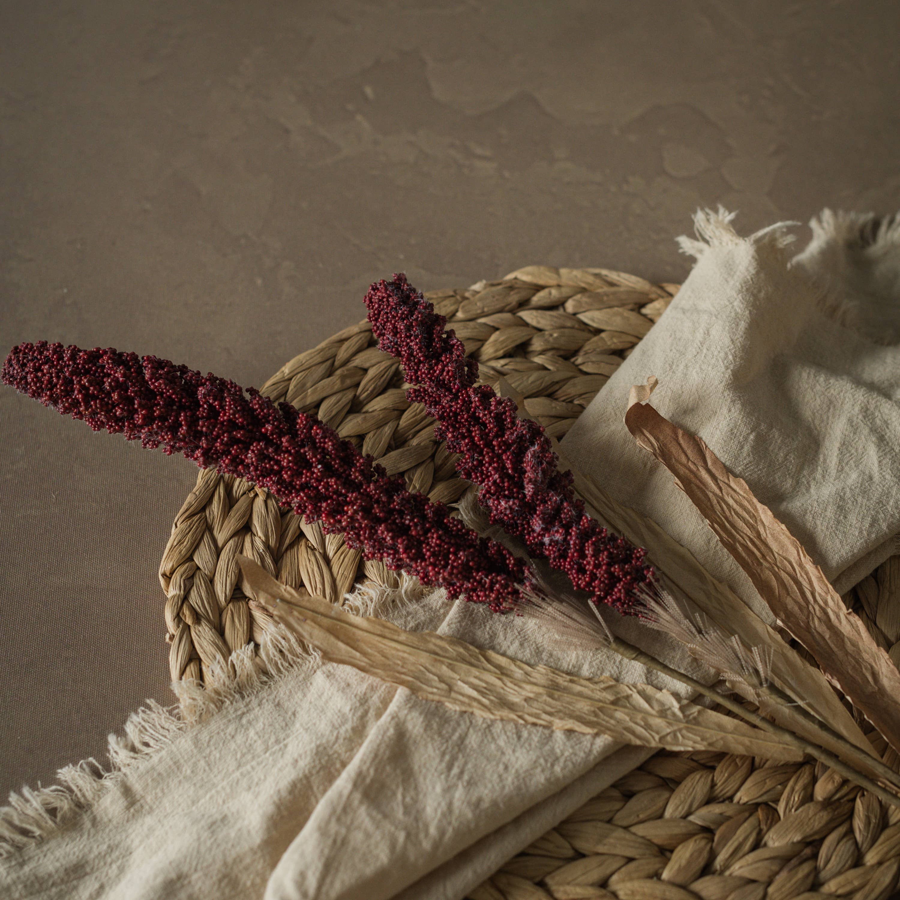 Two Ragon House 31" BURGUNDY SORGHUM SPRAY stems paired with beige grasses are displayed on a woven placemat and cream fringed cloth, set against a brown textured background.