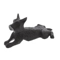 The HomArt Terrier Door Wedge is an antique brown cast iron sculpture, shaped like a dog lying down with front legs extended and head slightly raised.