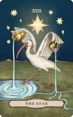 A white bird pours water from two golden pitchers onto land and into a pond beneath a starry sky, capturing the gentle beauty of nature as depicted in “Tarot of the Woodland Wardens” by Jessica Roux (Simon & Schuster). The card is labeled The Star and marked with the Roman numeral XVII.