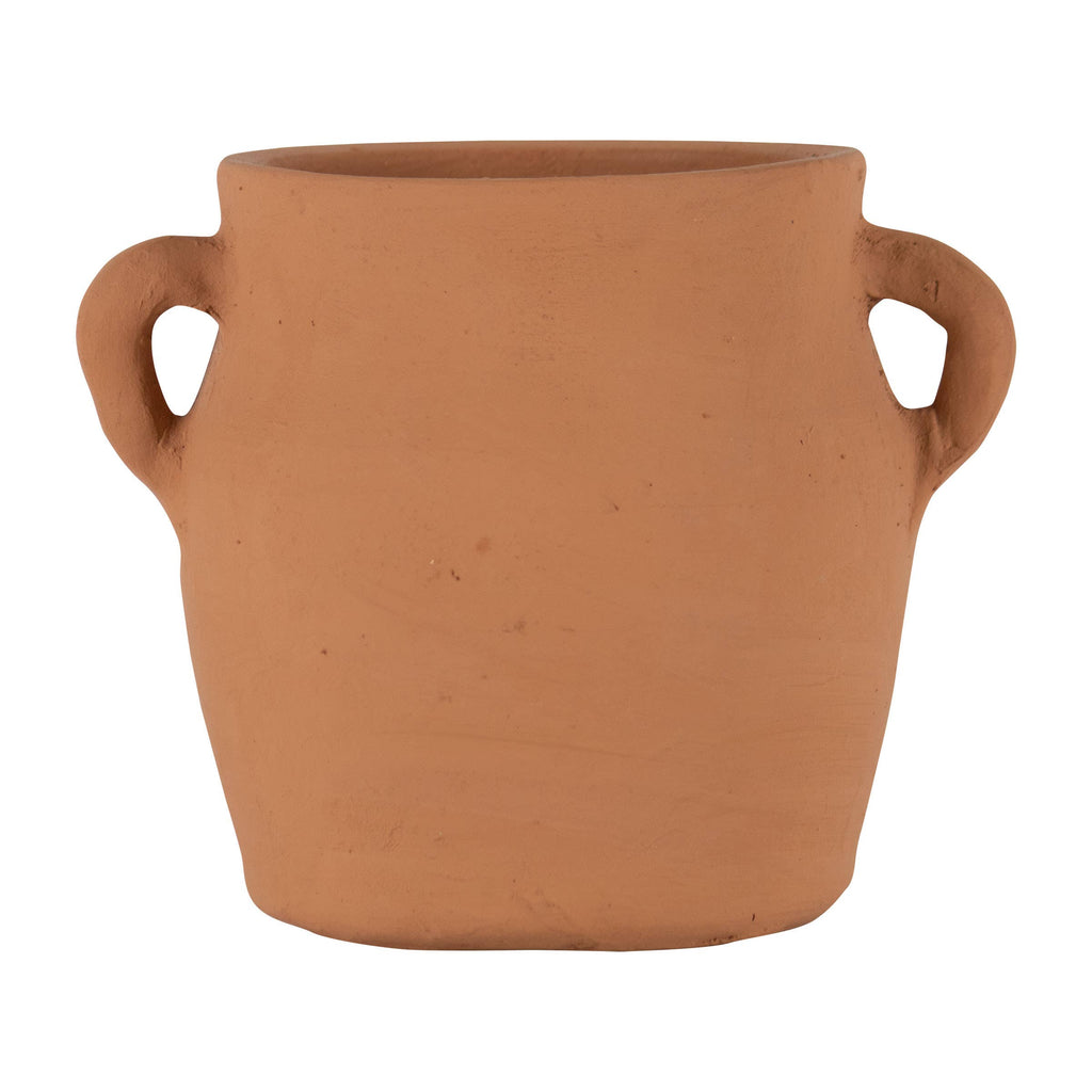 The Foreside Home & Garden Natural Hand Thrown Terracotta Vase with Handles features two rounded side handles and a simple, all-natural look, beautifully displayed against a white background.