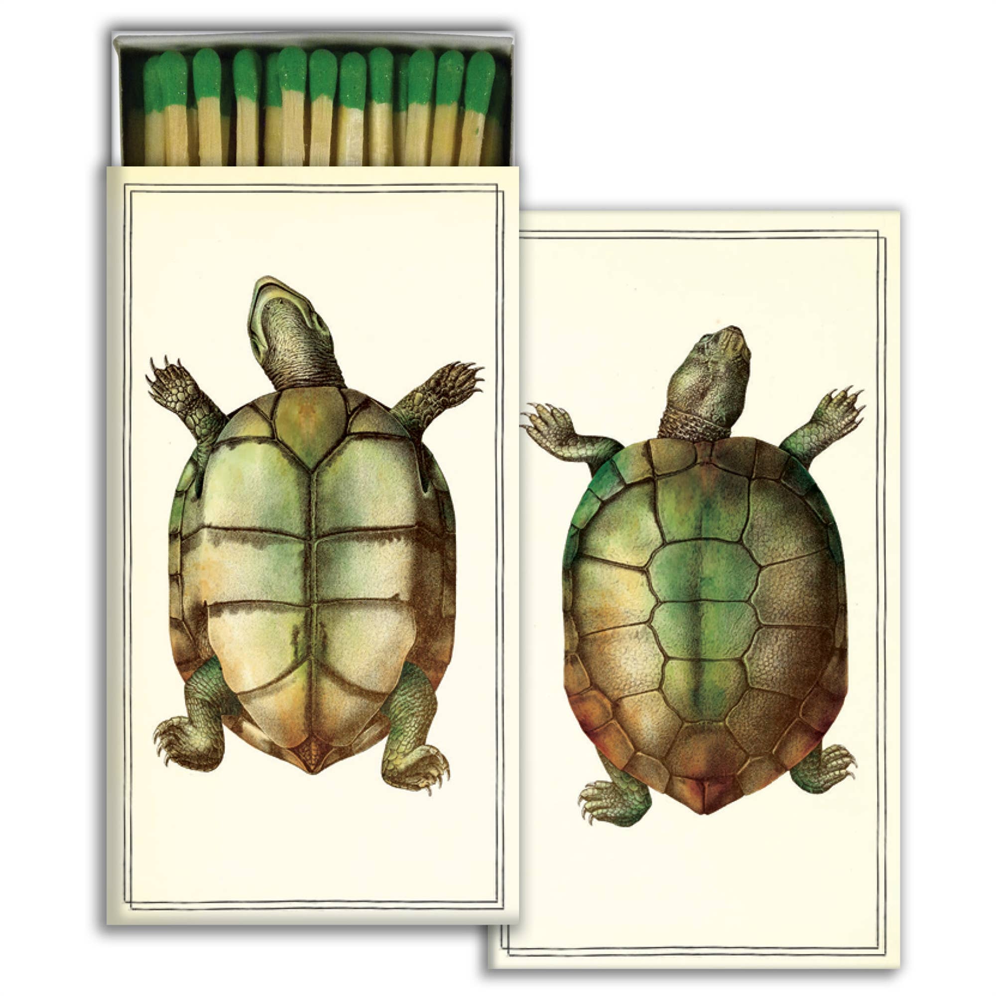 Matches - Turtles by HomArt: A box of safety matches with a vintage turtle illustration, featuring a green and brown shell—both decorative and practical, ideal as a charming hostess gift or unique accent for any home.