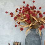 A Ragon House 23" BURGUNDY POM POM BUSH with yellowish-brown leaves sits in a grey vase beside vintage books, set against a light gray textured wall.