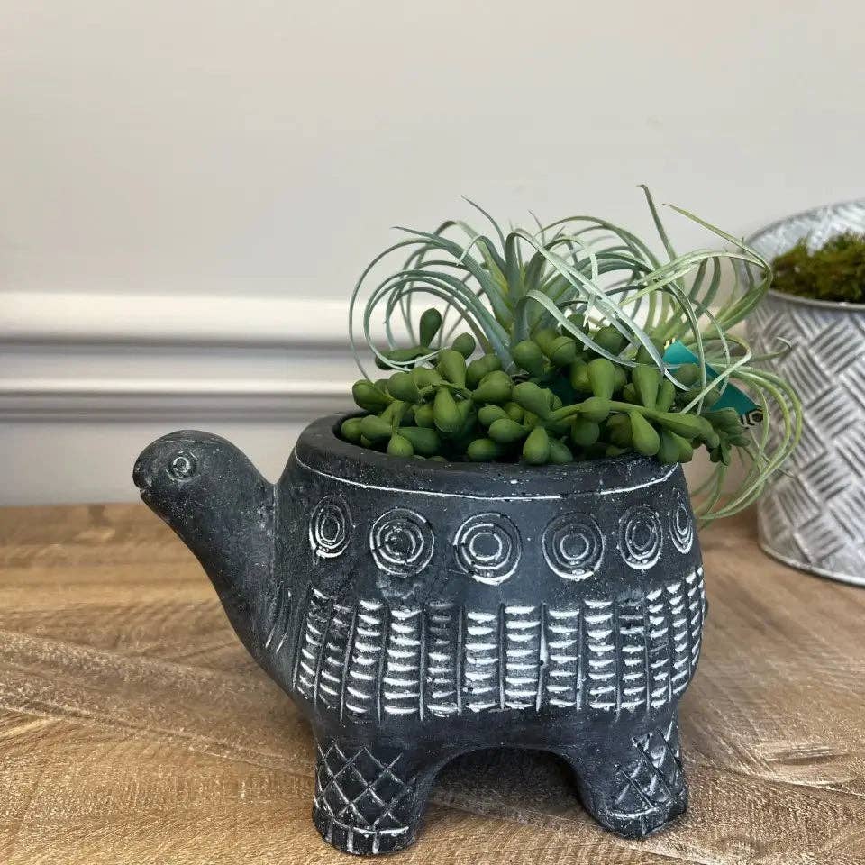 The CEMENT TURTLE PLANTER IN BLACK by Vagabond Vintage features a distressed black finish with white patterns, holding green succulents and air plants. The ceramic turtle-shaped planter sits on a wooden surface beside another pot.