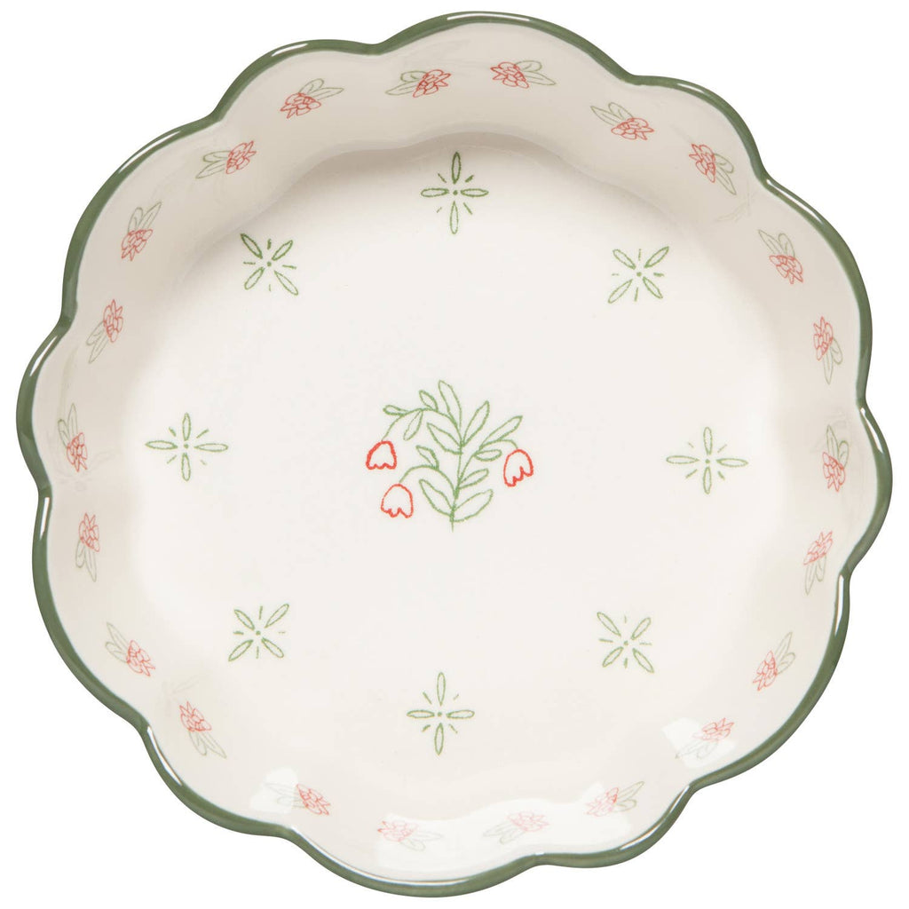 The Danica Heirloom Camellia Bowl Large 8 inch features a scalloped edge, green rim, and red and green floral pattern on white—perfect for a rustic farmhouse bowl look.