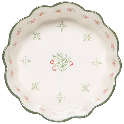The Danica Heirloom Camellia Bowl Large 8 inch features a scalloped edge, green rim, and red and green floral pattern on white—perfect for a rustic farmhouse bowl look.